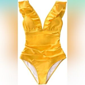 NWT CUPSHE Ruffled Sexy V-Neck Lace Up swimsuit Yellow